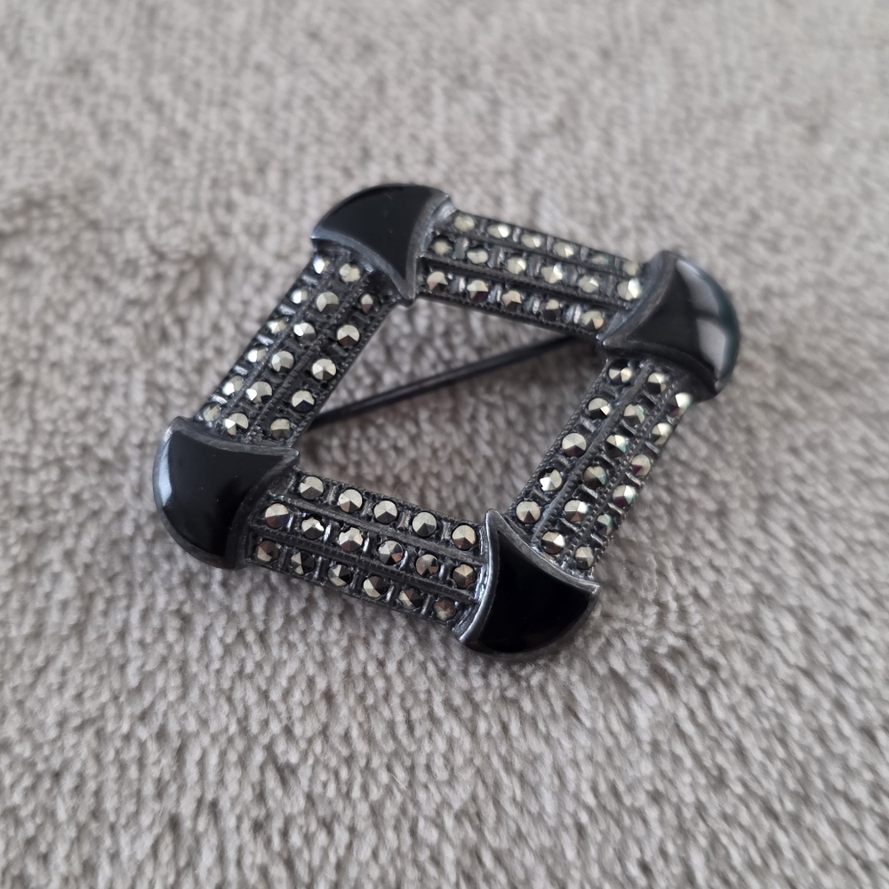 Vintage 60s Black Enamel and Rhinestone Sterling Silver Brooch